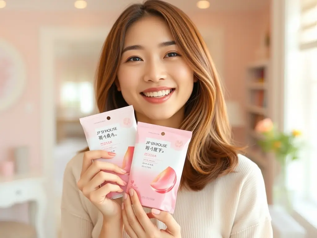 A person smiling while holding a package from JP SHOPHOUSE, showcasing the joy of receiving a beauty product.