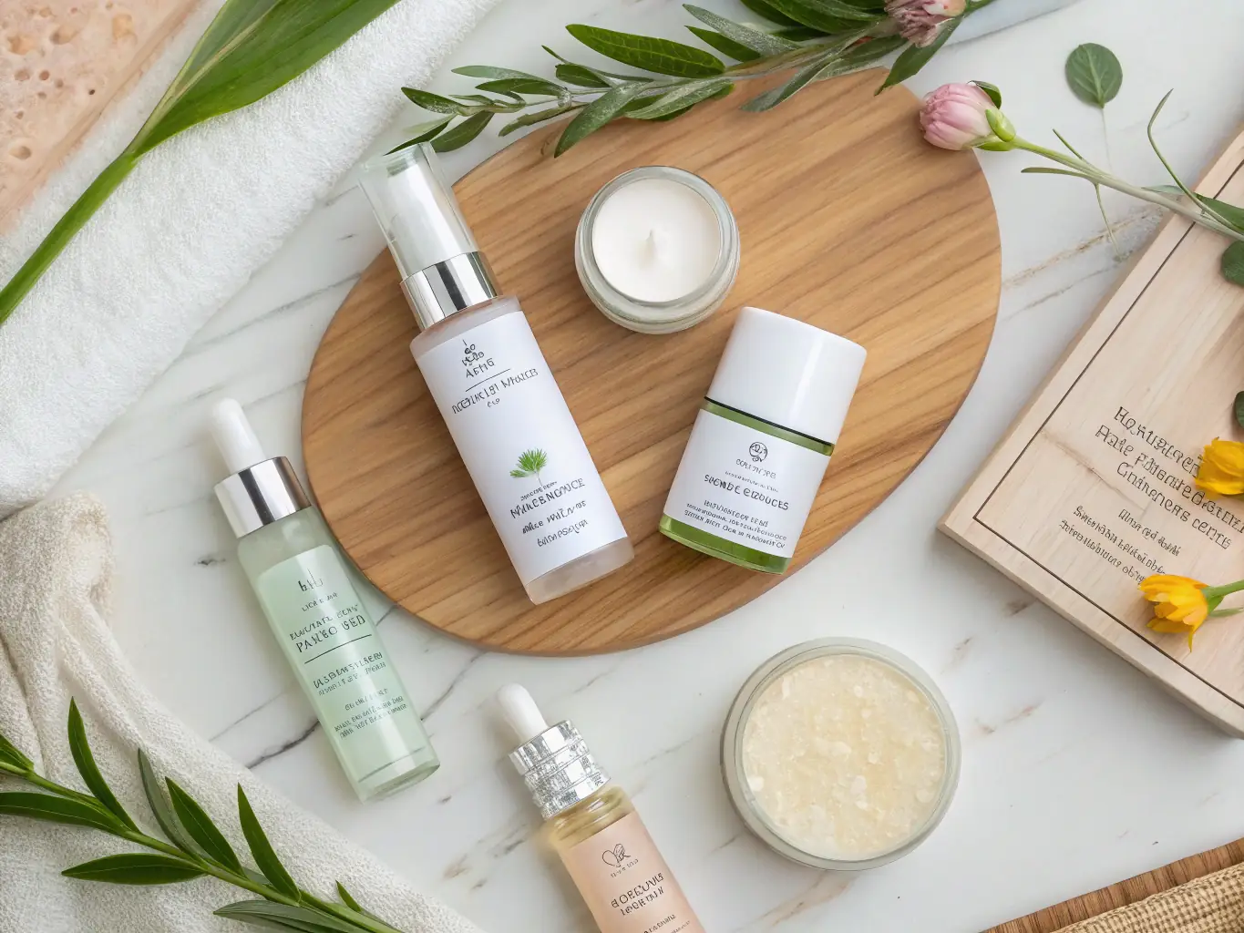 A close-up shot of a variety of high-quality skincare products from JP SHOPHOUSE, highlighting their luxurious textures and packaging.